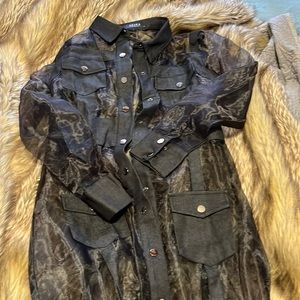 Akira sheer black organza trench coat w/ black denim details